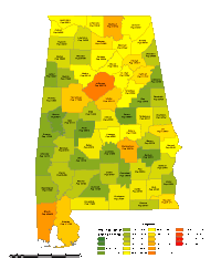 Alabama County Populations Map