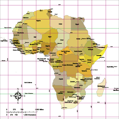 Africa Map with Countries & Reference Lines (safari color)