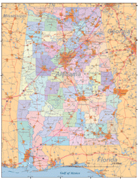 Alabama Map with Cities, Roads and Urban Areas