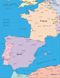 Europe Iberian Peninsula Map with Cities
