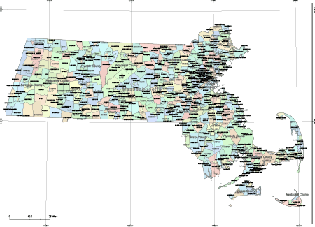 Massachusetts City Map with Historic New England City and Town Areas