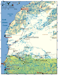 Mauritania Map with Cities, Roads and Surrounding Countries