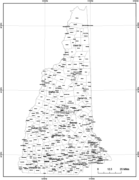 View larger image of New Hampshire City Map with Historic New England City and Town Areas