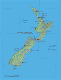 New Zealand Map with Cities,Towns, Villages, Shaded Relief