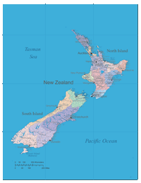 New Zealand Map with Cities,Towns, Villages