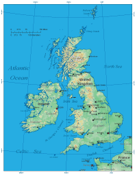 United Kingdom Shaded Relief Map with Cities, Roads 