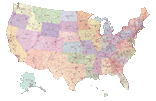 USA Map with Roads, Capitals, County Seats and Urban Areas