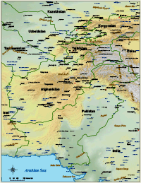 Afghanistan / Pakistan Regional Map with Cities and Roads & Shaded Relief