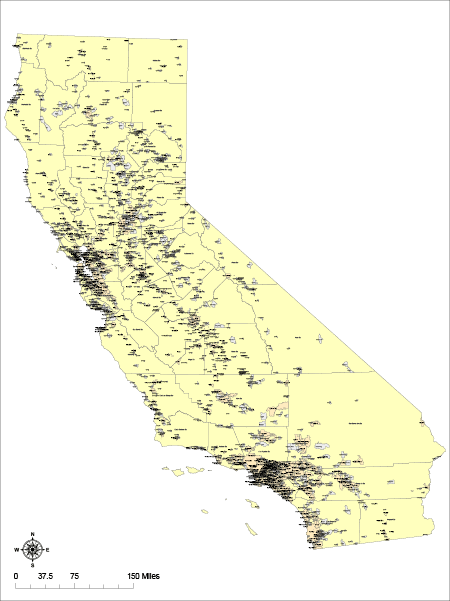 California Map with Town, Cities, and Counties