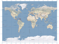 Rectangular Shaded Relief World Map with Country Names and Capitals